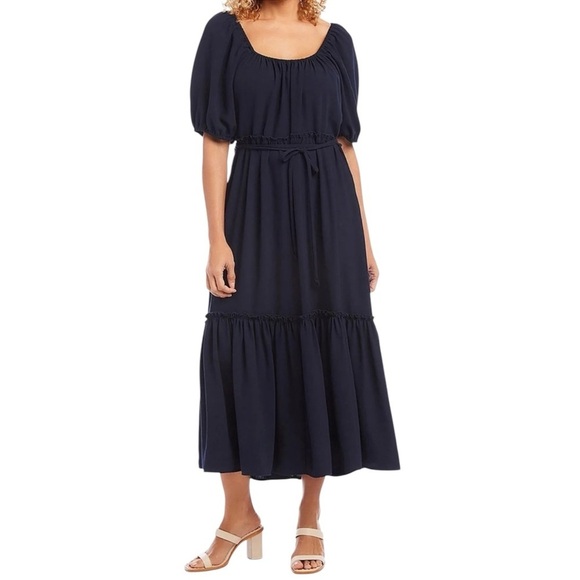 NWT KAREN KANE Short Sleeve Removable Tie Belt Flowy Ruffle Layered Dress - Picture 1 of 4